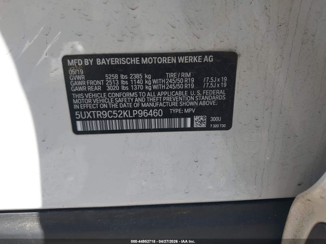 Aukcja sprzedaży 2019 Bmw X3 Xdrive30i, vin: 5UXTR9C52KLP96460, numer aukcji: 44952718