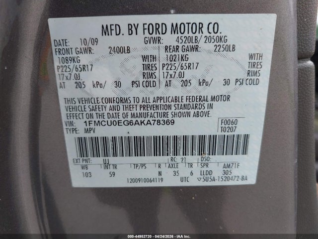 Продаж на аукціоні авто 2010 Ford Escape Limited, vin: 1FMCU0EG6AKA78369, номер лоту: 44952720