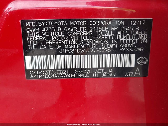 Aukcja sprzedaży 2018 Lexus Is 300, vin: JTHC81D26J5028296, numer aukcji: 44952729