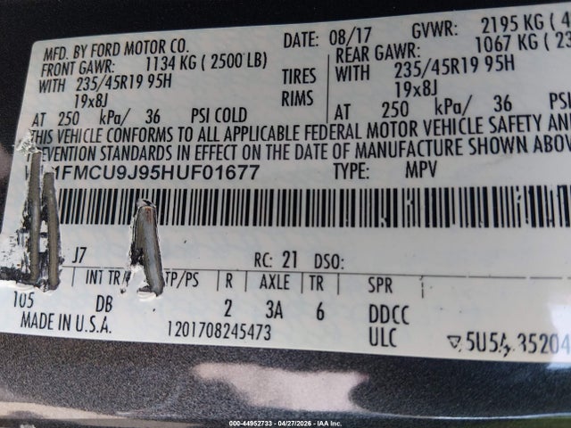 44952733 :رقم المزاد ، 1FMCU9J95HUF01677 vin ، 2017 Ford Escape Titanium مزاد بيع