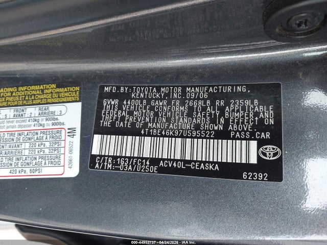 44952737 :رقم المزاد ، 4T1BE46K97U595522 vin ، 2007 Toyota Camry Se مزاد بيع