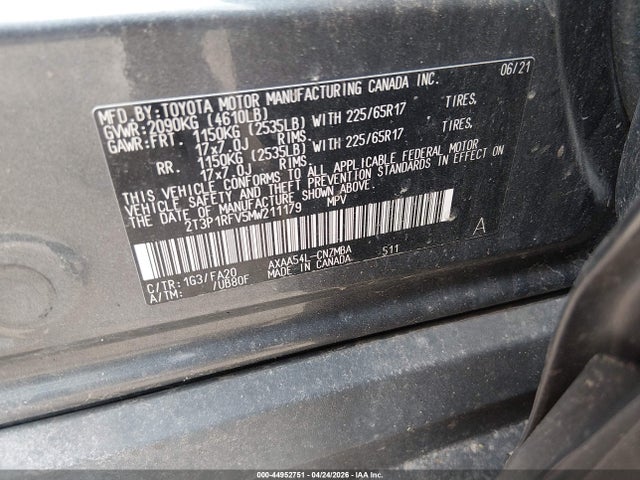 Aukcja sprzedaży 2021 Toyota Rav4 Xle, vin: 2T3P1RFV5MW211179, numer aukcji: 44952751
