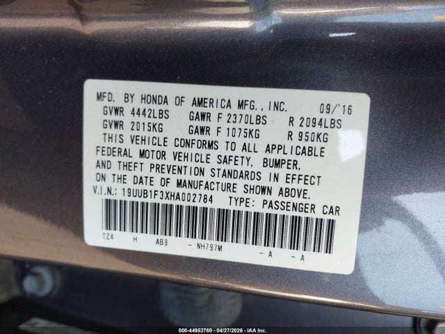 Aukcja sprzedaży 2017 Acura Tlx, vin: 19UUB1F3XHA002784, numer aukcji: 44952760