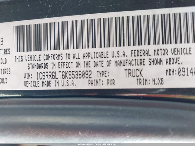 Продажа на аукционе авто 2019 Ram 1500 Classic Lone Star  4x2 5'7 Box, vin: 1C6RR6LT6KS538092, номер лота: 44952767