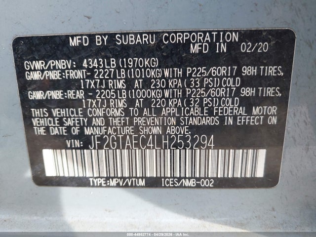 Продаж на аукціоні авто 2020 Subaru Crosstrek Premium, vin: JF2GTAEC4LH253294, номер лоту: 44952774