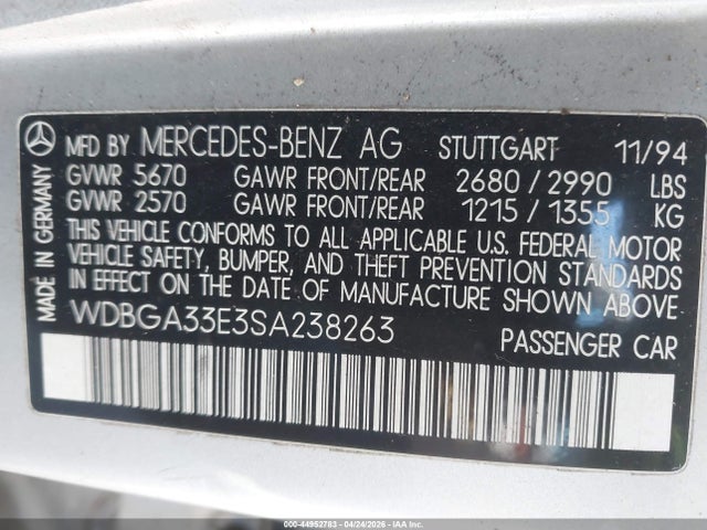 1995 Mercedes-benz S 320 მანქანა იყიდება აუქციონზე, vin: WDBGA33E3SA238263, აუქციონის ნომერი: 44952783