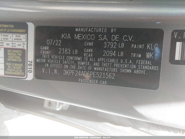 Продаж на аукціоні авто 2023 Kia Forte Lxs, vin: 3KPF24AD6PE521562, номер лоту: 44952794