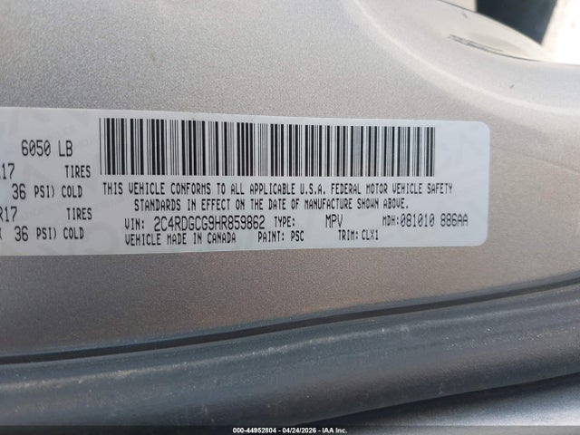 2017 Dodge Grand Caravan Sxt მანქანა იყიდება აუქციონზე, vin: 2C4RDGCG9HR859862, აუქციონის ნომერი: 44952804