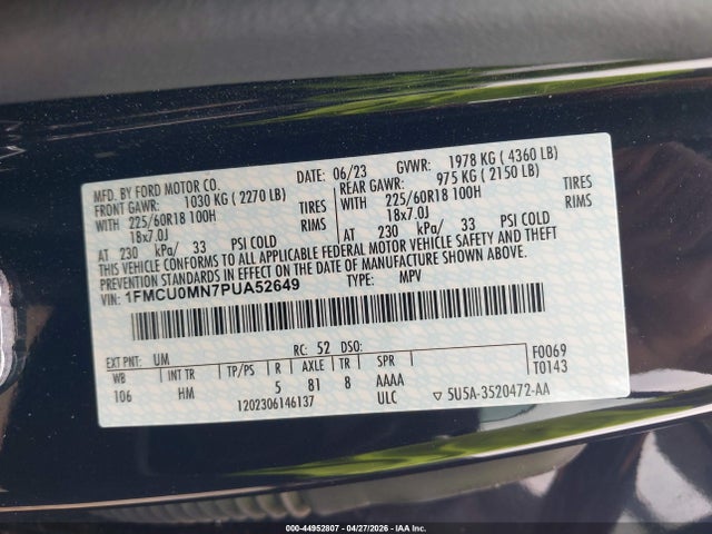 Aukcja sprzedaży 2023 Ford Escape St-line, vin: 1FMCU0MN7PUA52649, numer aukcji: 44952807