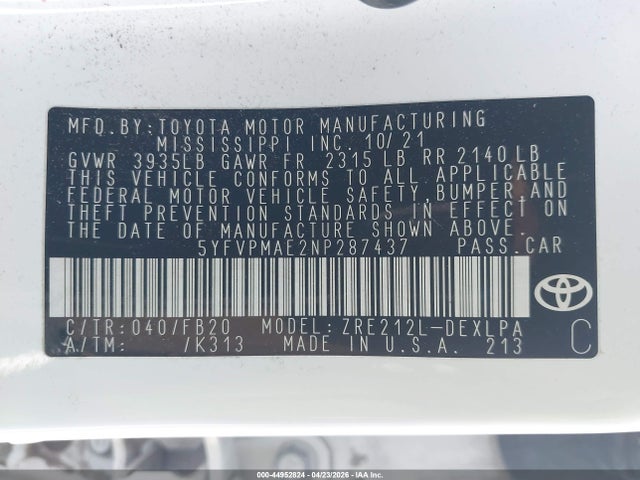 Aukcja sprzedaży 2022 Toyota Corolla Le, vin: 5YFVPMAE2NP287437, numer aukcji: 44952824