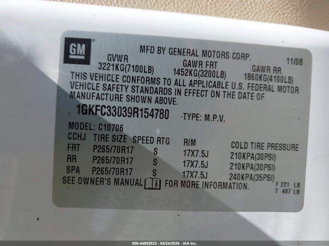 Продаж на аукціоні авто 2009 Gmc Yukon Slt2, vin: 1GKFC33039R154780, номер лоту: 44952833