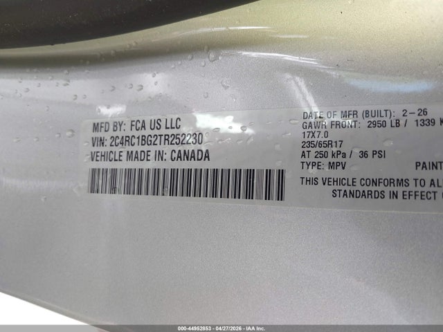 Продажа на аукционе авто 2026 Chrysler Pacifica Select, vin: 2C4RC1BG2TR252230, номер лота: 44952853