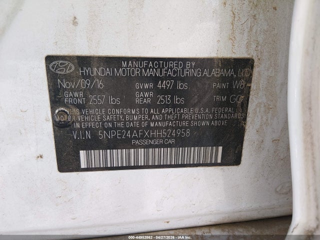 44952862 :رقم المزاد ، 5NPE24AFXHH524958 vin ، 2017 Hyundai Sonata Se مزاد بيع