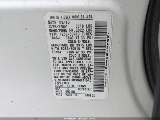 44952863 :رقم المزاد ، JN8AS1MW9BM141040 vin ، 2011 Infiniti Fx35 مزاد بيع