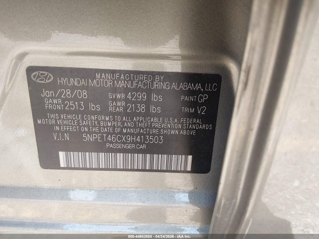 Продажа на аукционе авто 2009 Hyundai Sonata Gls, vin: 5NPET46CX9H413503, номер лота: 44952885