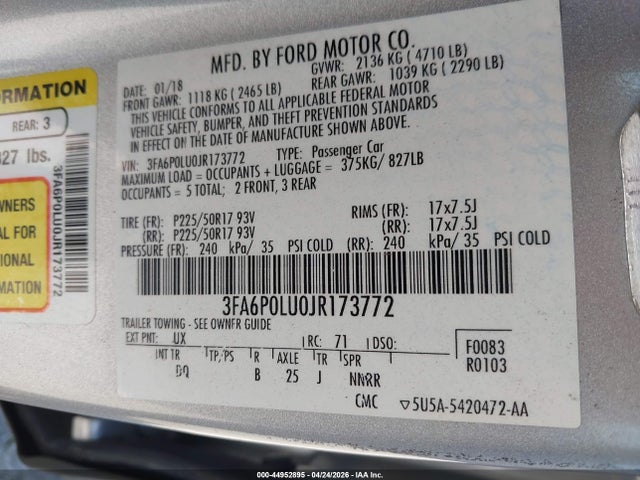 Продаж на аукціоні авто 2018 Ford Fusion Hybrid Se, vin: 3FA6P0LU0JR173772, номер лоту: 44952895