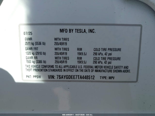 2026 Tesla Model Y მანქანა იყიდება აუქციონზე, vin: 7SAYGDEE7TA448512, აუქციონის ნომერი: 44952911
