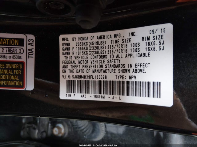 Продаж на аукціоні авто 2015 Honda Cr-v Lx, vin: 5J6RM4H39FL130328, номер лоту: 44952912
