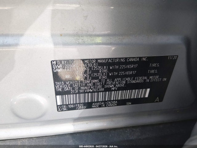 2021 Toyota Rav4 Le მანქანა იყიდება აუქციონზე, vin: 2T3F1RFV8MW165388, აუქციონის ნომერი: 44952920