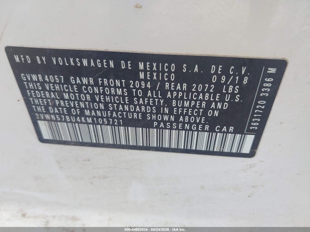 Aukcja sprzedaży 2019 Volkswagen Jetta 1.4t S, vin: 3VWN57BU4KM105721, numer aukcji: 44952924