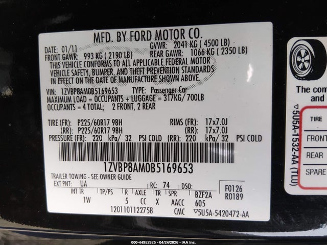 44952925 :رقم المزاد ، 1ZVBP8AM0B5169653 vin ، 2011 Ford Mustang V6 مزاد بيع