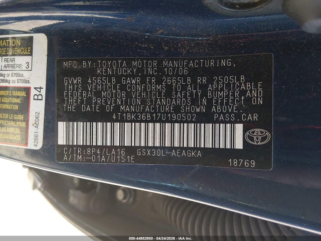 2007 Toyota Avalon Xls მანქანა იყიდება აუქციონზე, vin: 4T1BK36B17U190502, აუქციონის ნომერი: 44952950