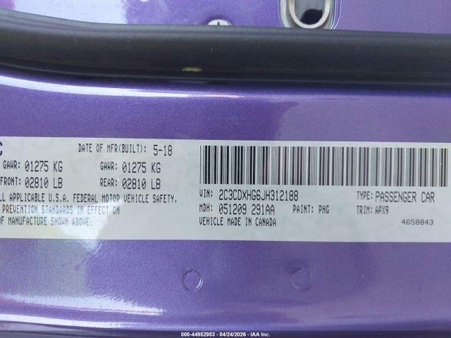 Продажа на аукционе авто 2018 Dodge Charger Sxt Plus Rwd, vin: 2C3CDXHG6JH312188, номер лота: 44952953