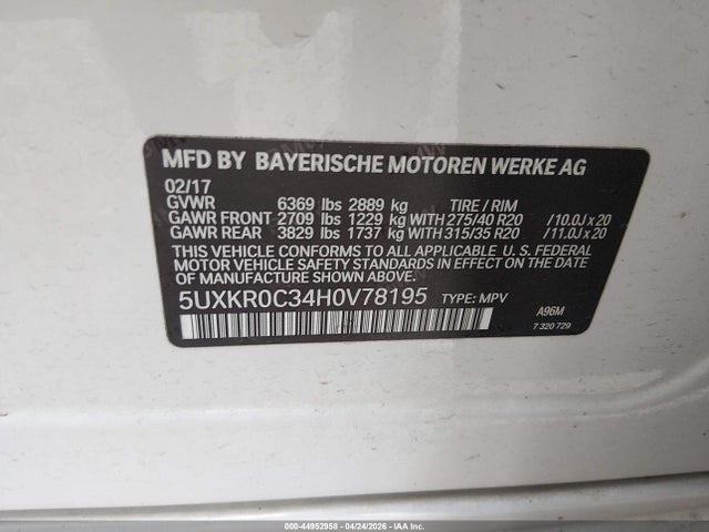 Aukcja sprzedaży 2017 Bmw X5 Xdrive35i, vin: 5UXKR0C34H0V78195, numer aukcji: 44952958
