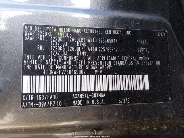4T3RWRFV7SU169962 Toyota Rav4 Hybrid Xle