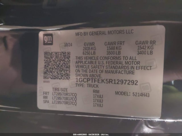 Aukcja sprzedaży 2024 Chevrolet Colorado 4wd Zr2, vin: 1GCPTFEK5R1297292, numer aukcji: 44952985