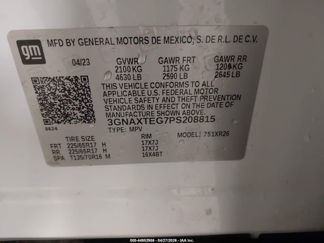 Aukcja sprzedaży 2023 Chevrolet Equinox Awd 2fl, vin: 3GNAXTEG7PS208815, numer aukcji: 44952986