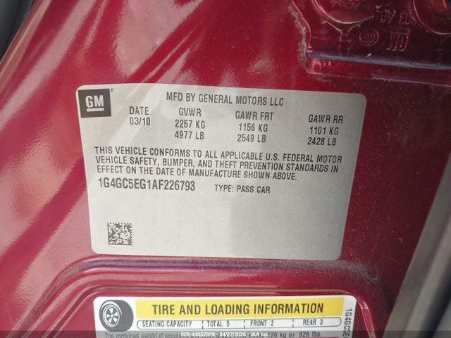 44952989 :رقم المزاد ، 1G4GC5EG1AF226793 vin ، 2010 Buick Lacrosse Cxl مزاد بيع