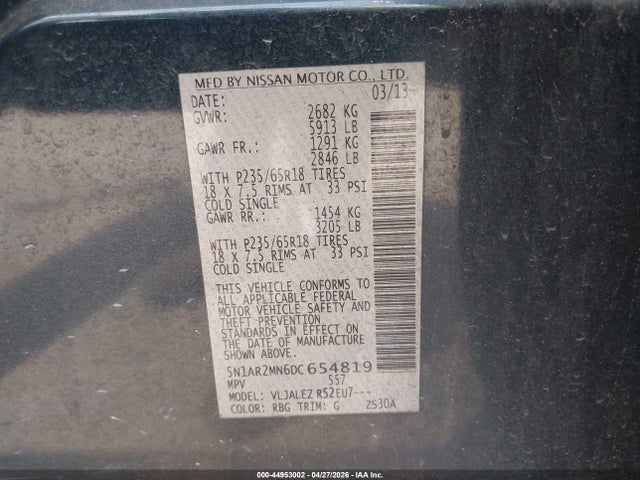 Продаж на аукціоні авто 2013 Nissan Pathfinder Sv, vin: 5N1AR2MN6DC654819, номер лоту: 44953002