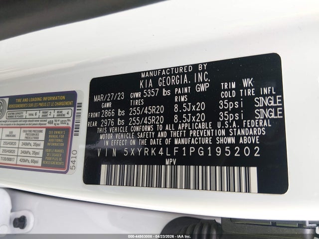 44953008 :رقم المزاد ، 5XYRK4LF1PG195202 vin ، 2023 Kia Sorento Sx مزاد بيع