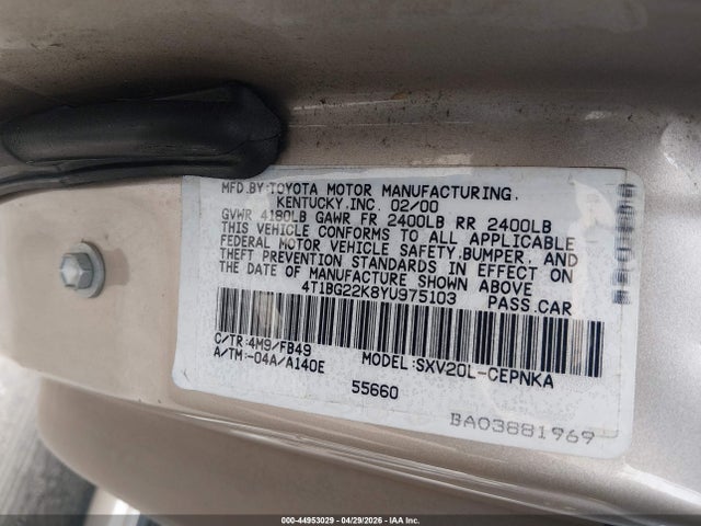 Продажа на аукционе авто 2000 Toyota Camry Le, vin: 4T1BG22K8YU975103, номер лота: 44953029