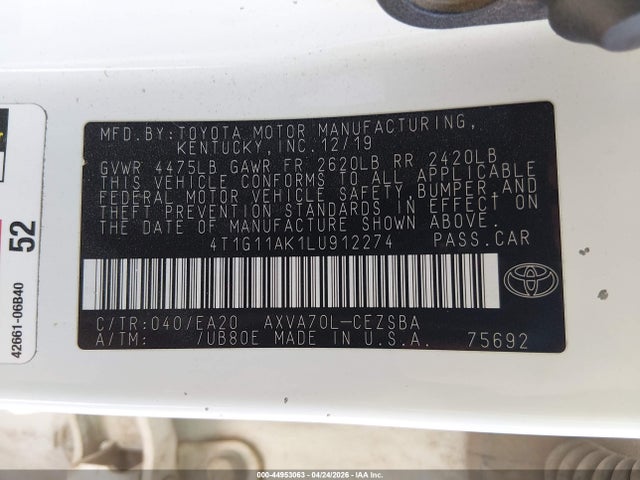 4T1G11AK1LU912274 Toyota CAMRY SE