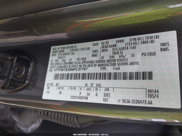 2022 Ford F-150 Xlt მანქანა იყიდება აუქციონზე, vin: 1FTFW1E59NFC37707, აუქციონის ნომერი: 44953066