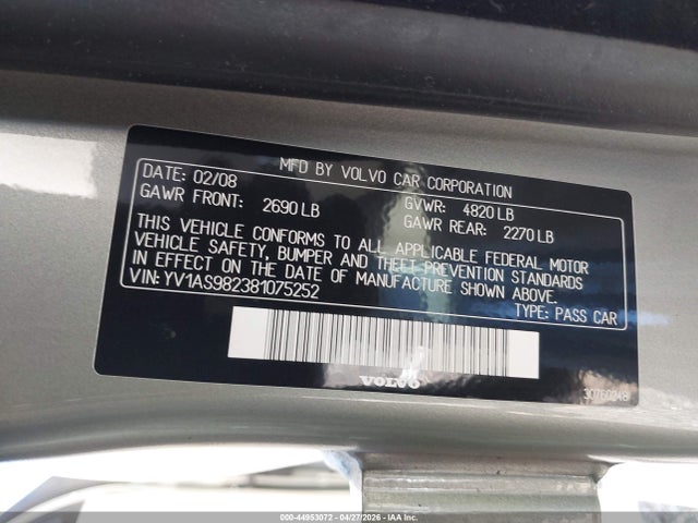 Auction sale of the 2008 Volvo S80 3.2, vin: YV1AS982381075252, lot number: 44953072