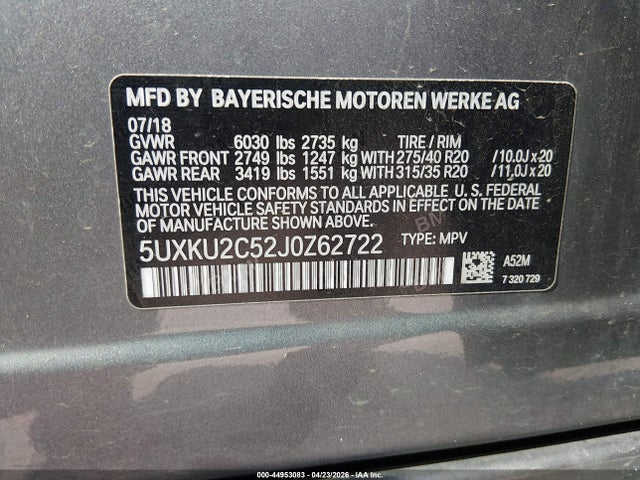 Aukcja sprzedaży 2018 Bmw X6 Xdrive35i, vin: 5UXKU2C52J0Z62722, numer aukcji: 44953083