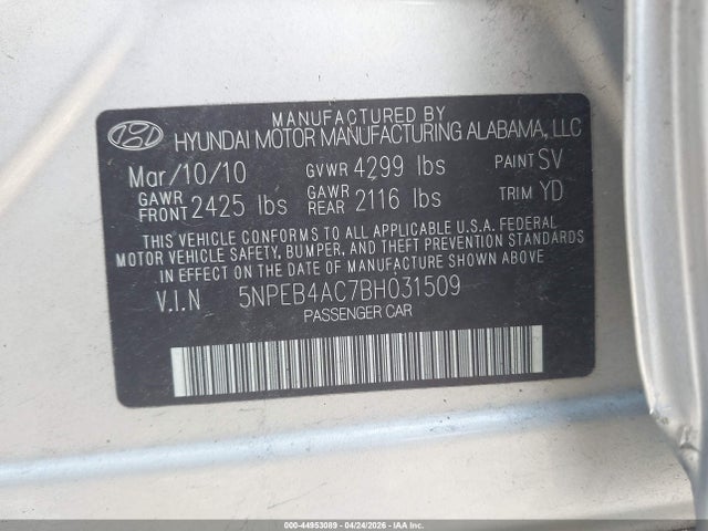 44953089 :رقم المزاد ، 5NPEB4AC7BH031509 vin ، 2011 Hyundai Sonata Gls مزاد بيع