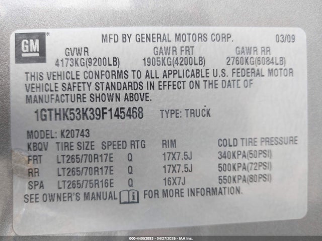 Продажа на аукционе авто 2009 Gmc Sierra 2500hd Sle, vin: 1GTHK53K39F145468, номер лота: 44953093