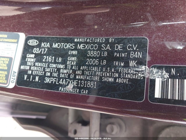 44953098 :رقم المزاد ، 3KPFL4A7XHE131881 vin ، 2017 Kia Forte Lx مزاد بيع