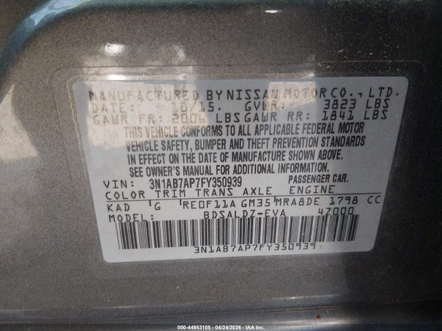 44953105 :رقم المزاد ، 3N1AB7AP7FY350939 vin ، 2015 Nissan Sentra Sv مزاد بيع