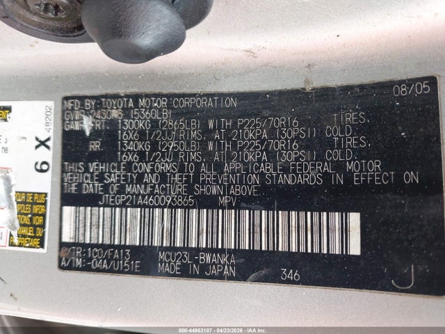 44953107 :رقم المزاد ، JTEGP21A460093865 vin ، 2006 Toyota Highlander V6 مزاد بيع