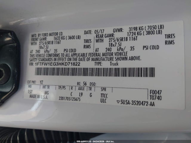Aukcja sprzedaży 2017 Ford F-150 Xlt, vin: 1FTFW1EG3HKD71822, numer aukcji: 44953110