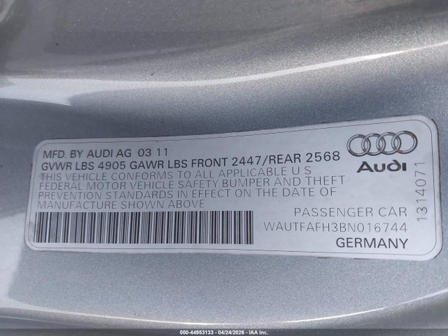2011 Audi A5 2.0t Prestige მანქანა იყიდება აუქციონზე, vin: WAUTFAFH3BN016744, აუქციონის ნომერი: 44953133
