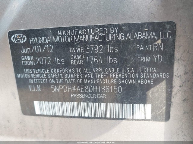 Продажа на аукционе авто 2013 Hyundai Elantra Gls/limited, vin: 5NPDH4AE8DH186150, номер лота: 44953148