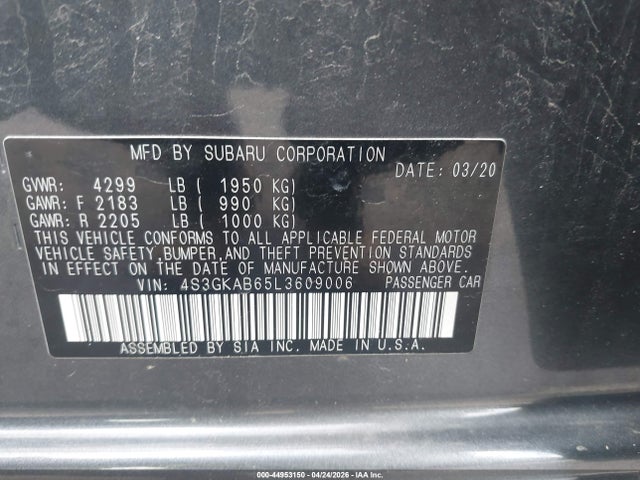 Aukcja sprzedaży 2020 Subaru Impreza Sedan, vin: 4S3GKAB65L3609006, numer aukcji: 44953150