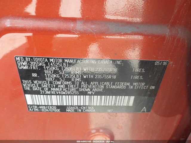 44953168 :رقم المزاد ، 2T3NFREV4GW285255 vin ، 2016 Toyota Rav4 Se مزاد بيع