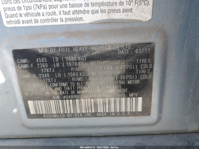 Продаж на аукціоні авто 2011 Subaru Outback 2.5i Premium, vin: 4S4BRBCC6B3407074, номер лоту: 44953170